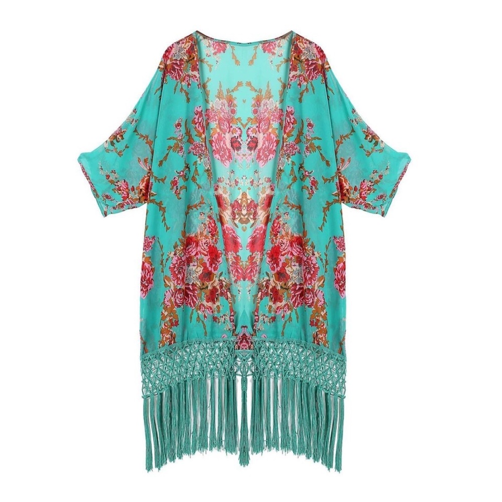 ✨HP! RESTOCKED! Floral Pattern Fringe Kimono✨ - Picture 2 of 5